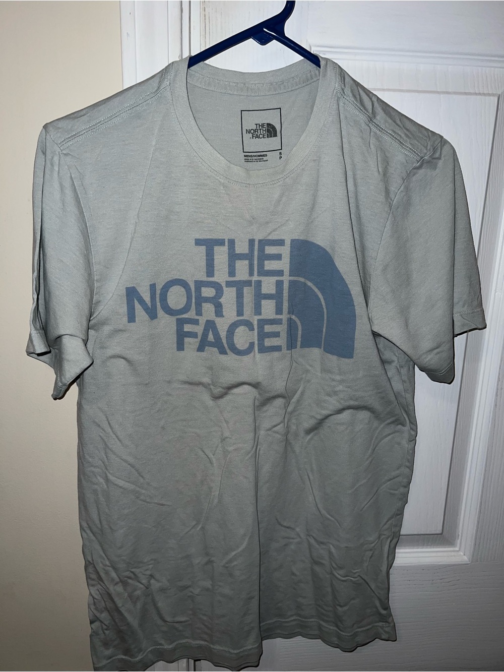The North Face Men’s Short Sleeve Logo Tee — Light Gray with Blue Print
